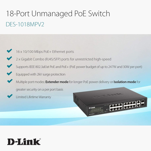 DES 1018MPV2 D Link 18 Port Fast Ethernet PoE Unmanaged Desktop Switch