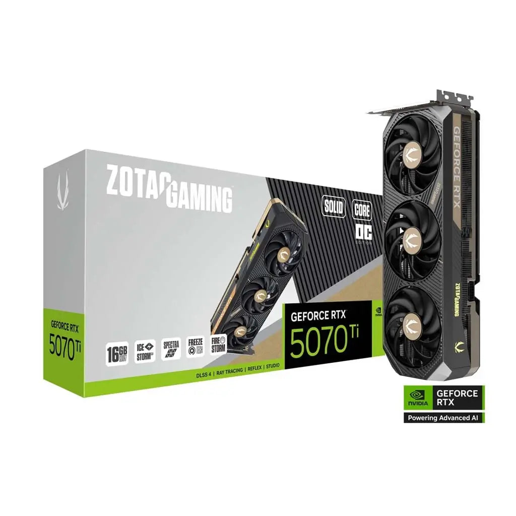 ZOTAC GAMING GeForce RTX 5070 Ti SOLID CORE OC Edition Graphics Card, 16 GB GDDR7 Graphics Card, 256‑bit Memory Bus, 28 Gbps Memory Clock, PCIe 5.0 | ZT-B50710J2-10P